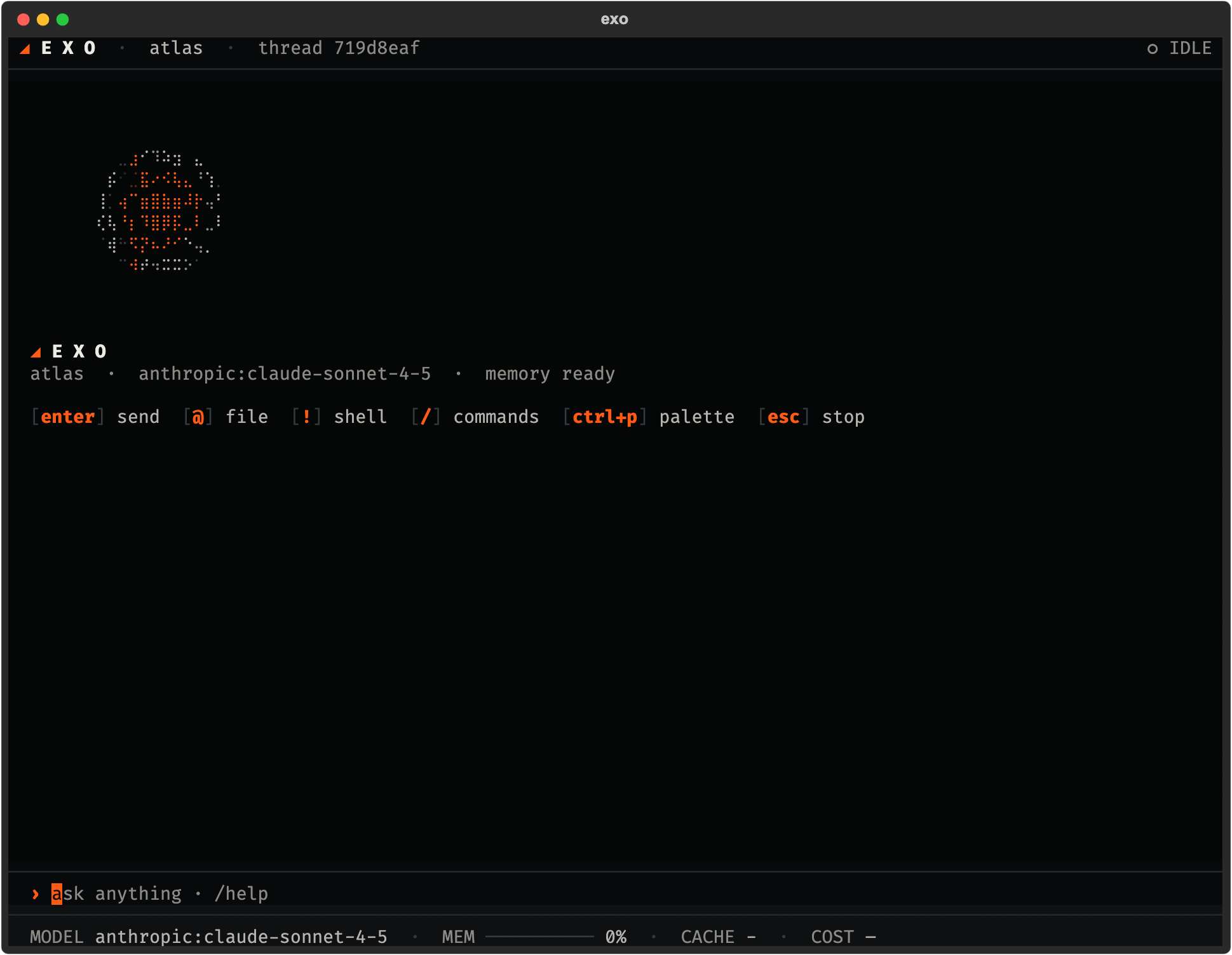 The Exo terminal client on an empty thread, with a hero of linked nodes around an orange core and a row of key hints.