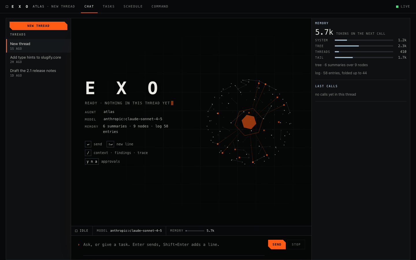 The Exo web client on an empty thread, with the node-shell hero behind the brand block and the instrument column on the right.