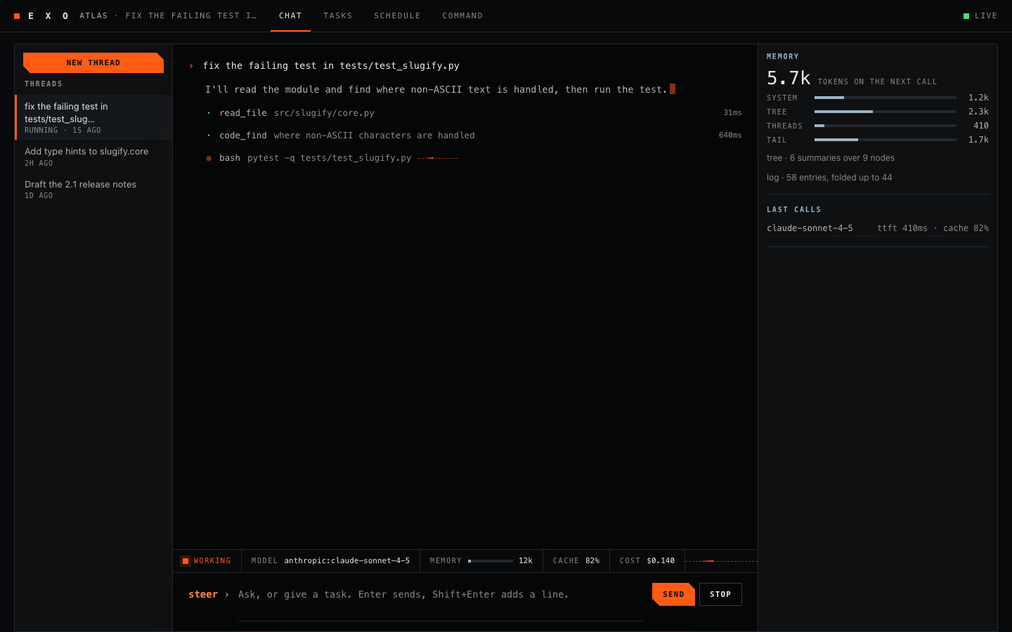 A turn in the web client with tool lines and a running tool.